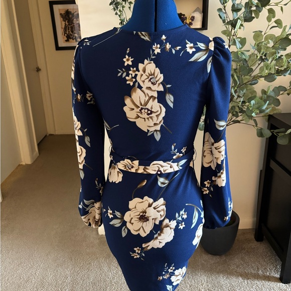 Floral Wrap Dress in Navy Blue - Picture 2 of 6